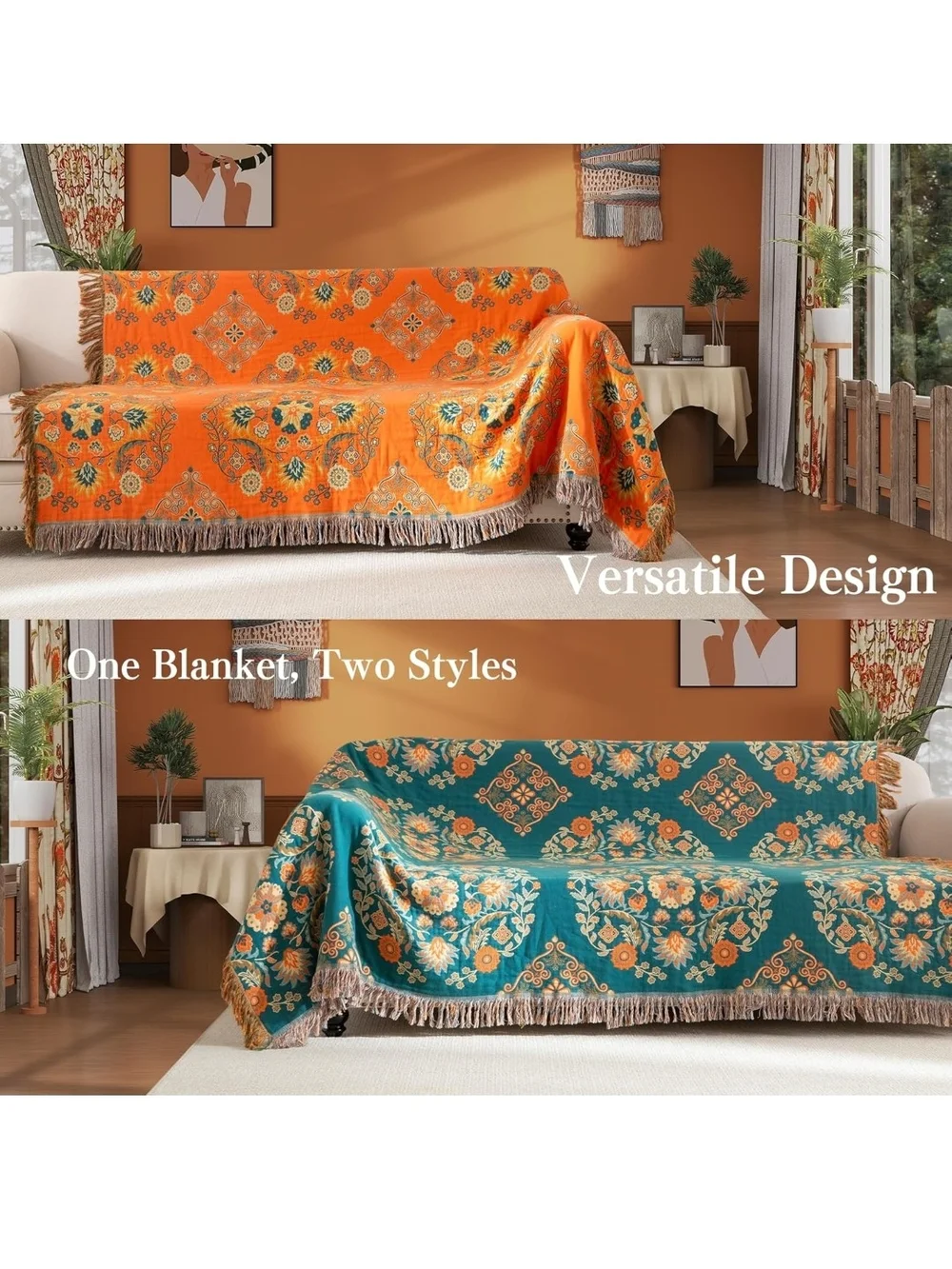 Reversible Floral Fringe Throw Blanket - Orange & Teal 60x80